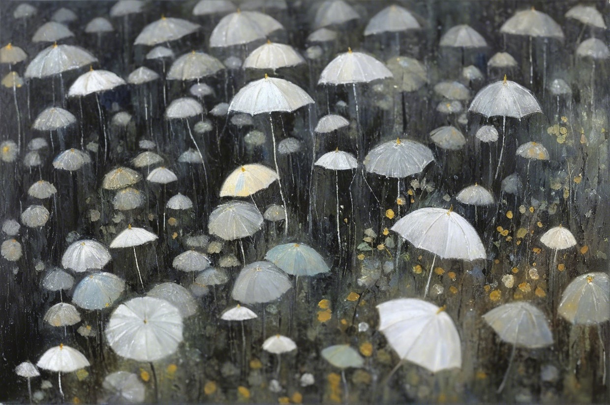 Dreamlike Scene with White Umbrellas in Rain