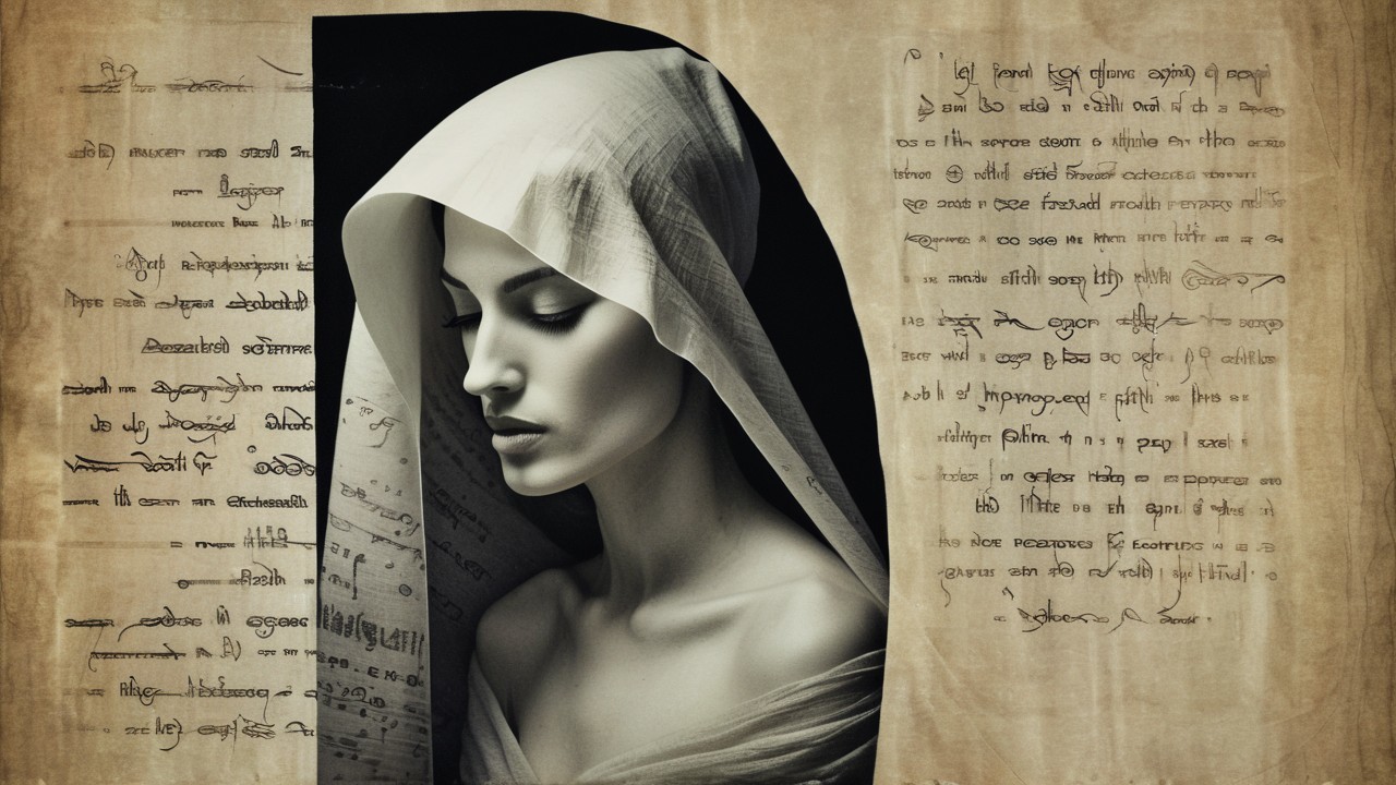 Stylized Portrait of a Woman with Veil and Scripts