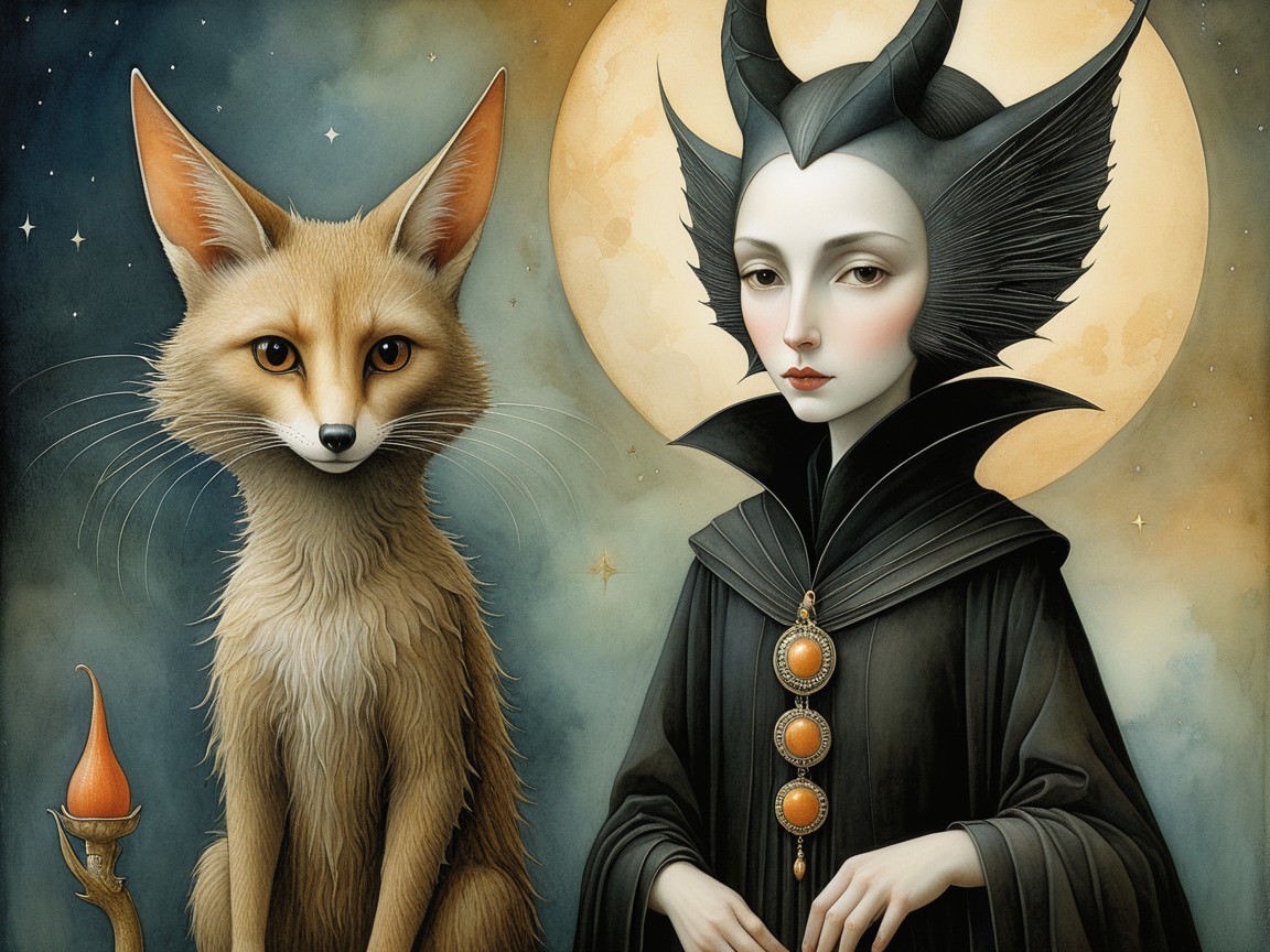 Regal Figure in Cloak with Fennec Fox Under Moonlight