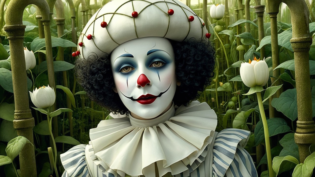 Whimsical Clown in Fantasy Garden Setting