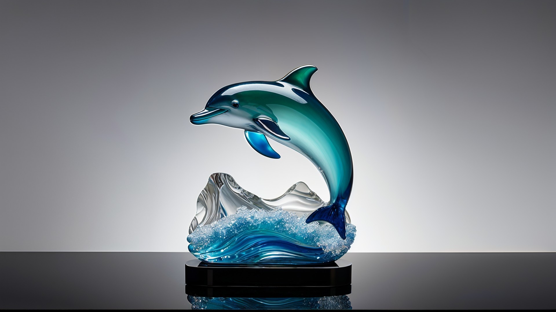 Glass Dolphin Sculpture with Wave Design in Turquoise