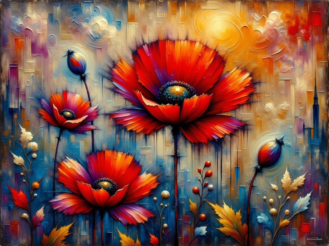 Vibrant Abstract Painting with Bold Red Flowers