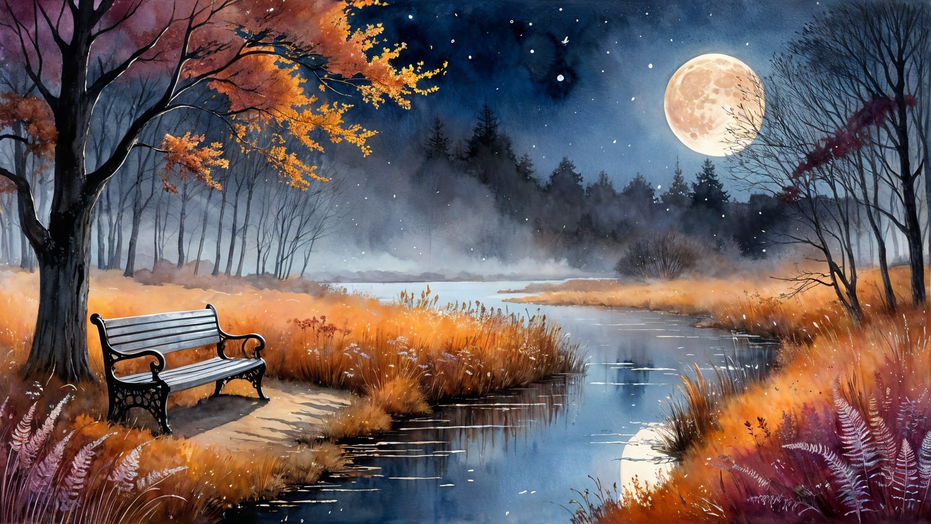 Serene Dusk Landscape with River and Autumn Foliage