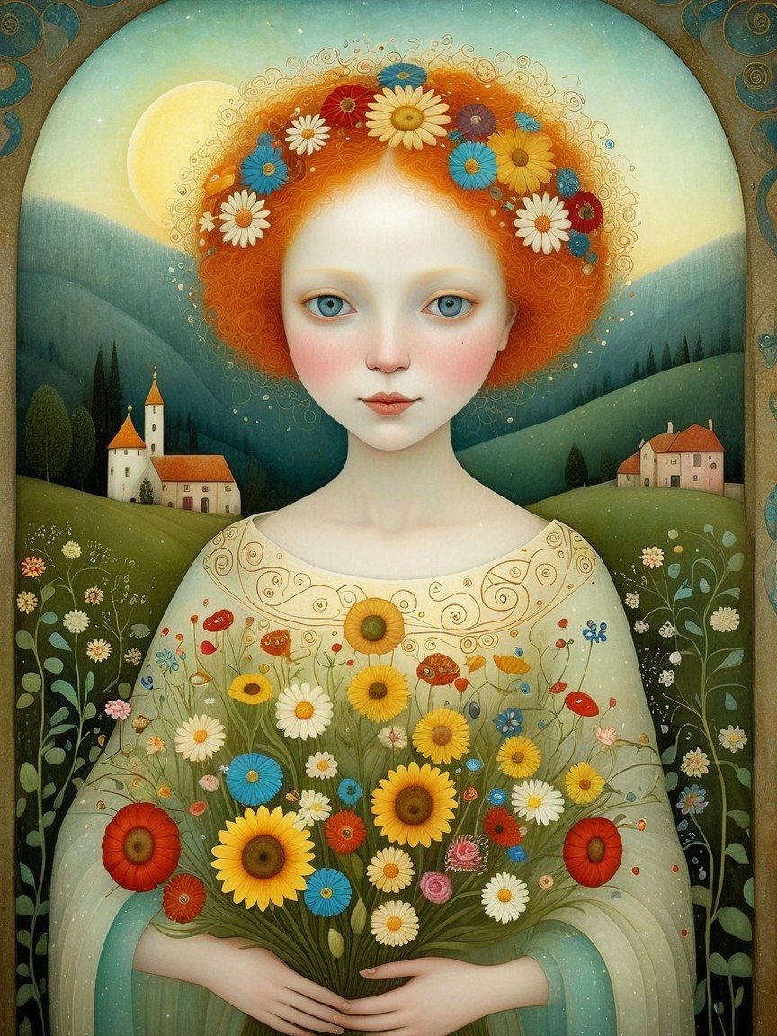 Whimsical Illustration of a Girl in a Serene Landscape