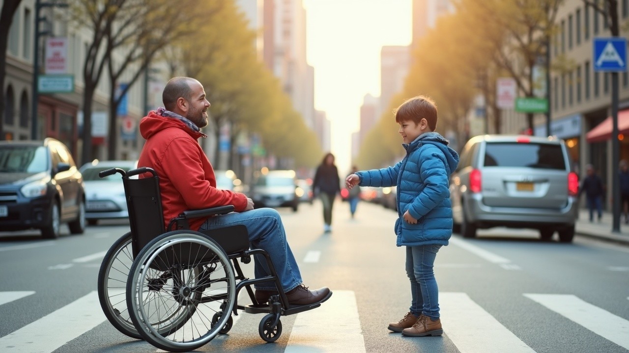 Man in Red Hoodie and Boy at Crosswalk During Sunset