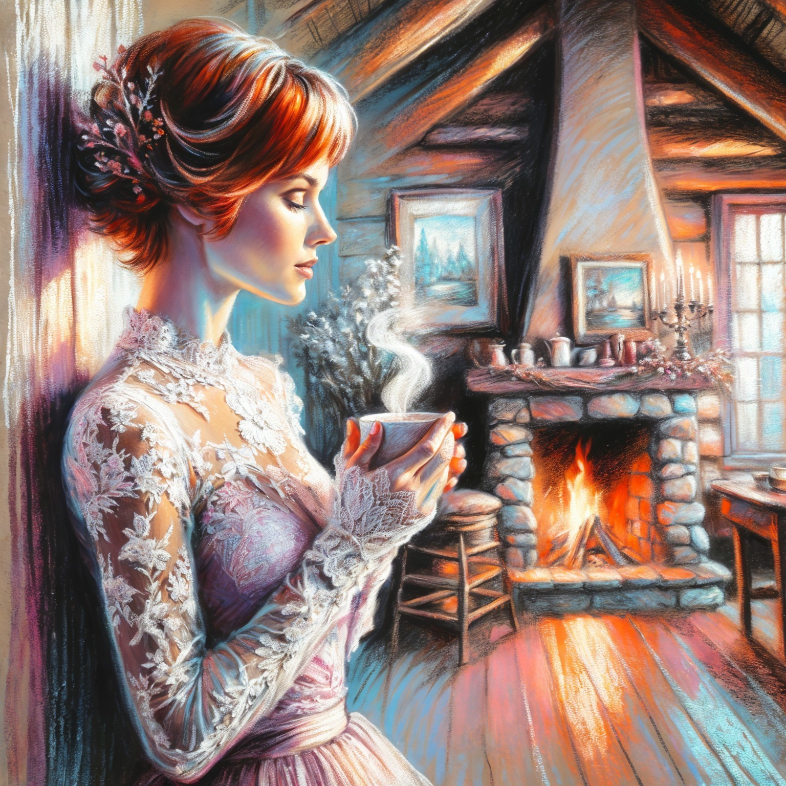 Serene Woman with Cup in Cozy Cabin Setting