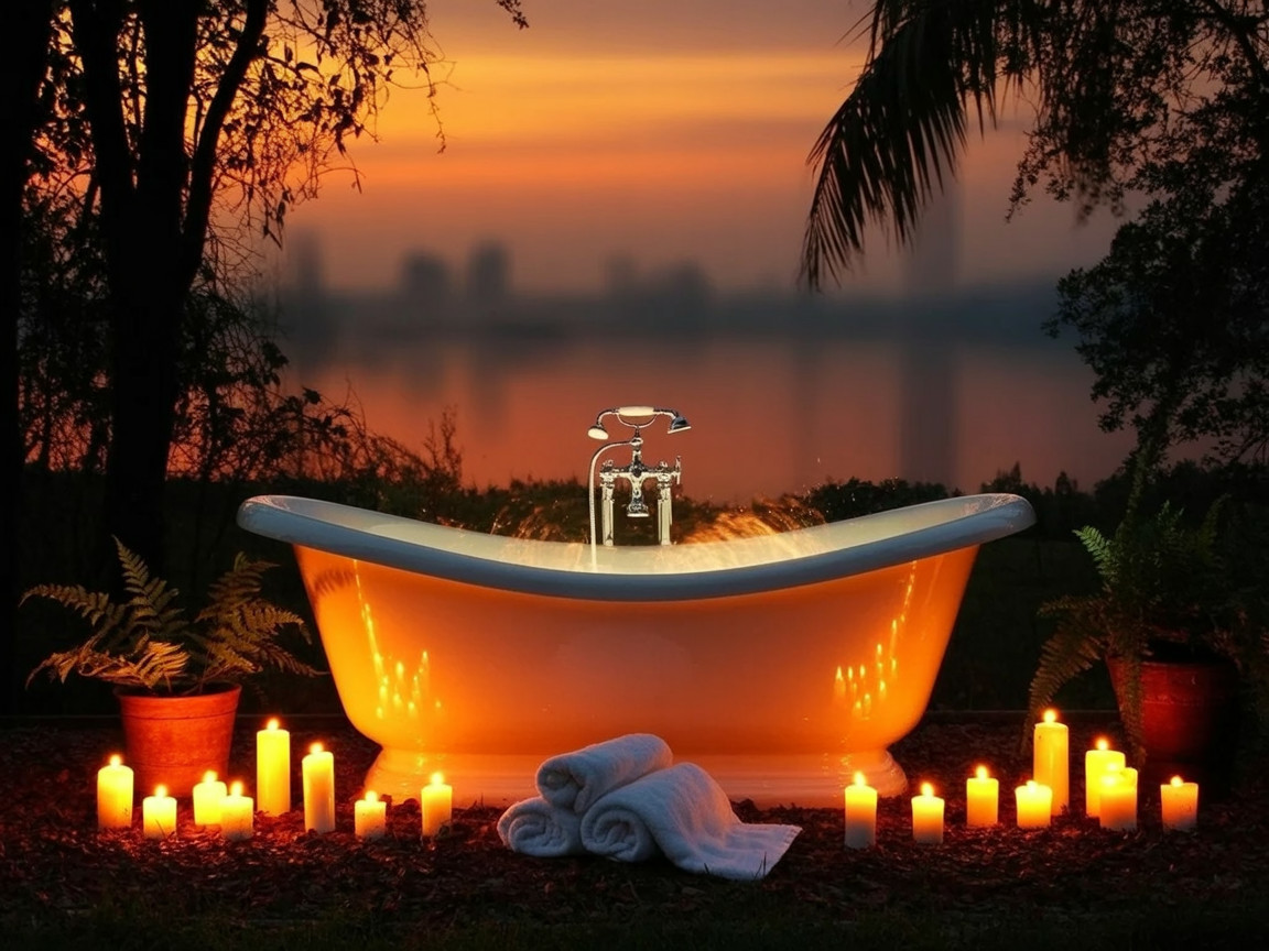 Vintage Bathtub Surrounded by Lush Greenery at Sunset
