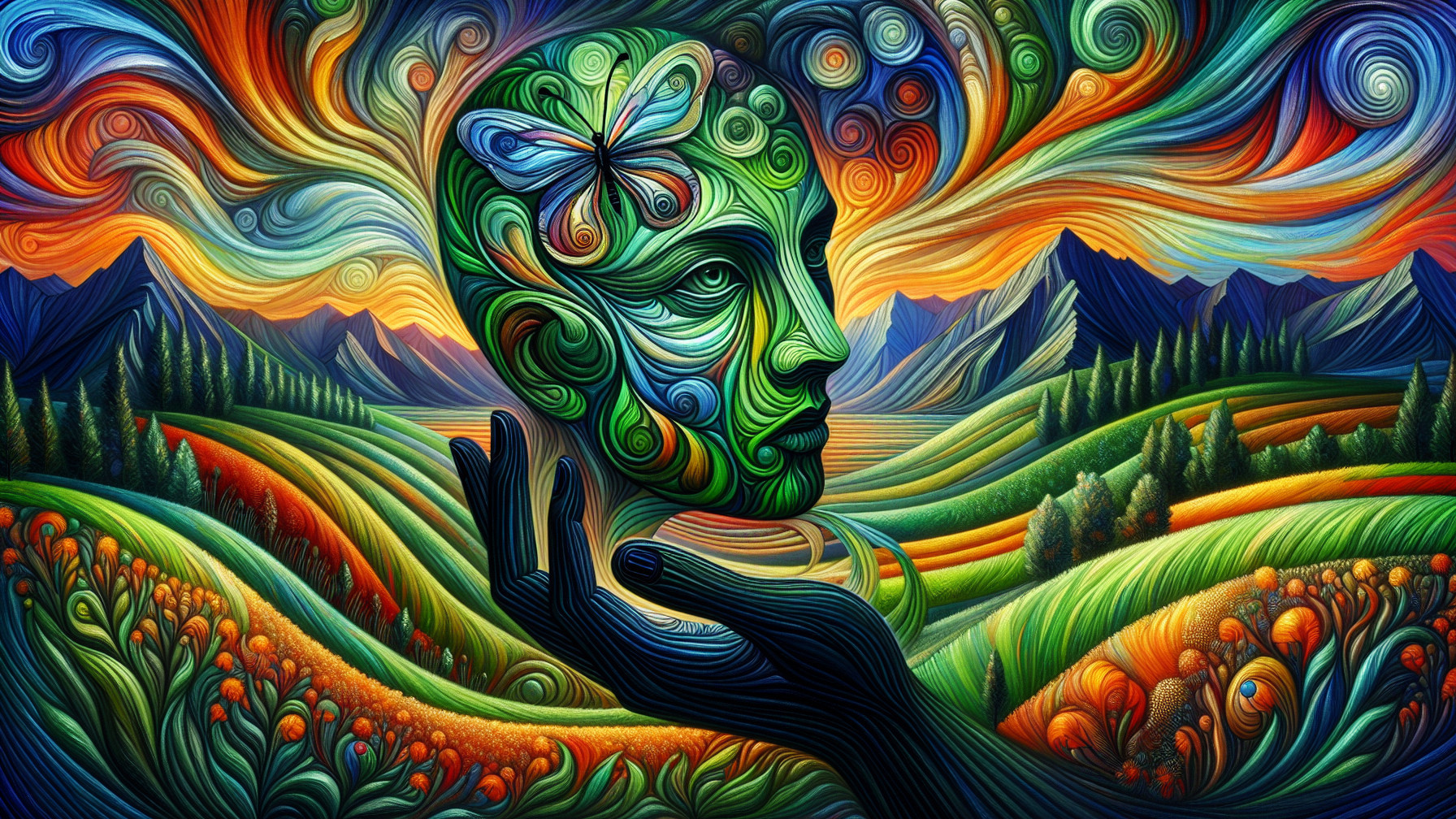 Surreal Artwork with Human Face and Butterfly Symbolism
