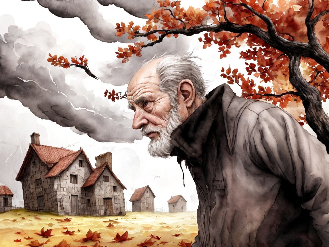 Elderly Man Contemplates Autumn Landscape and Houses