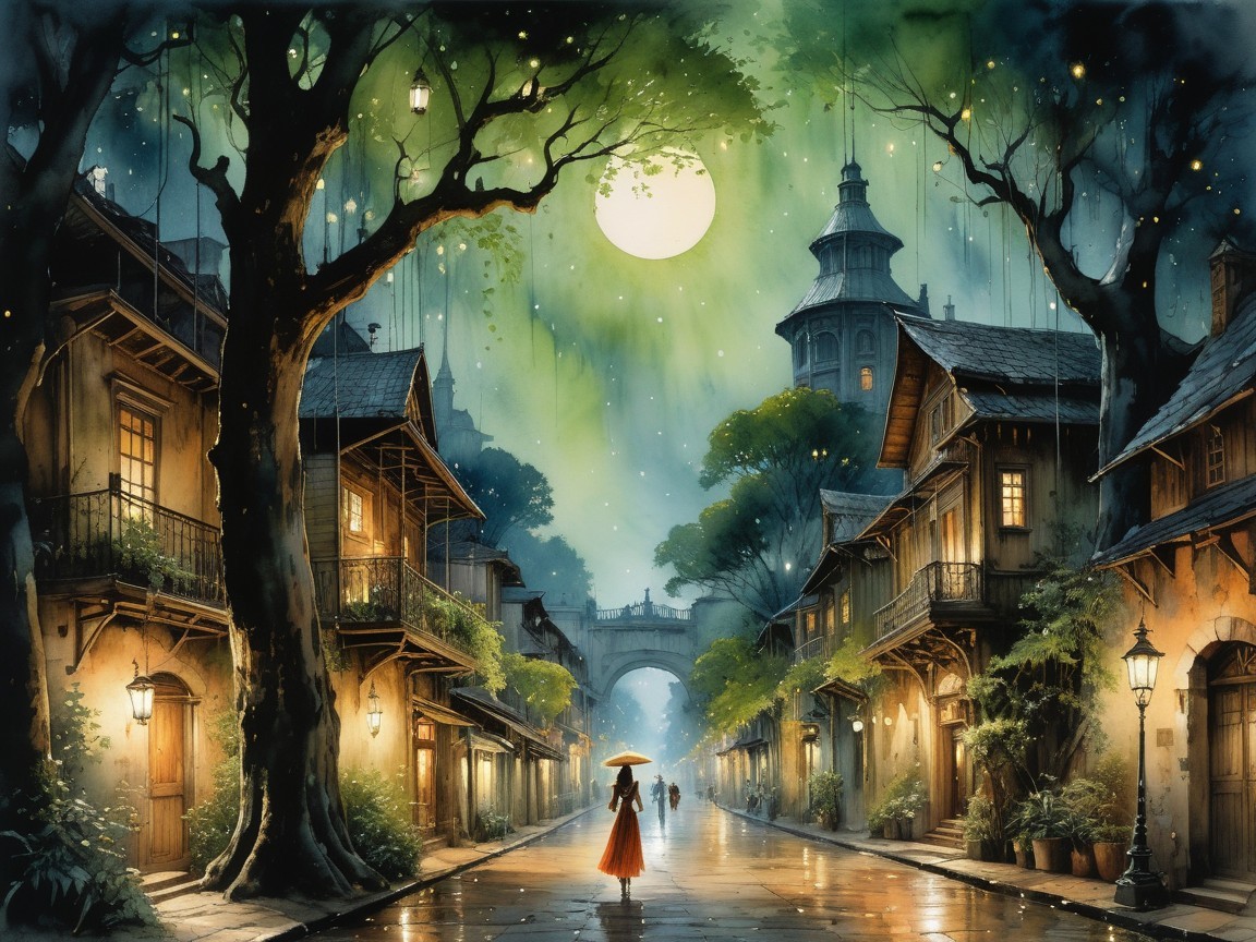 Moonlit Street with Old-World Architecture and Lanterns