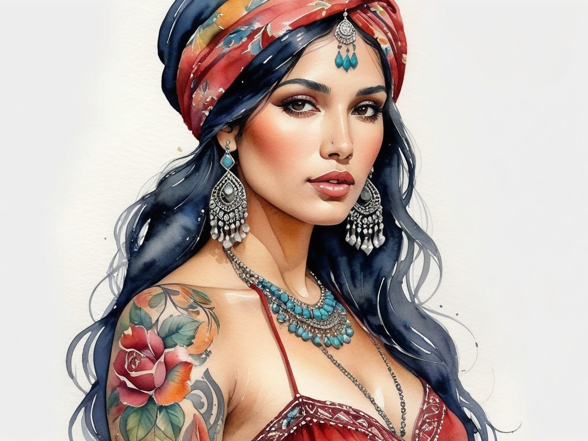 Portrait of a woman with vibrant headscarf and tattoos