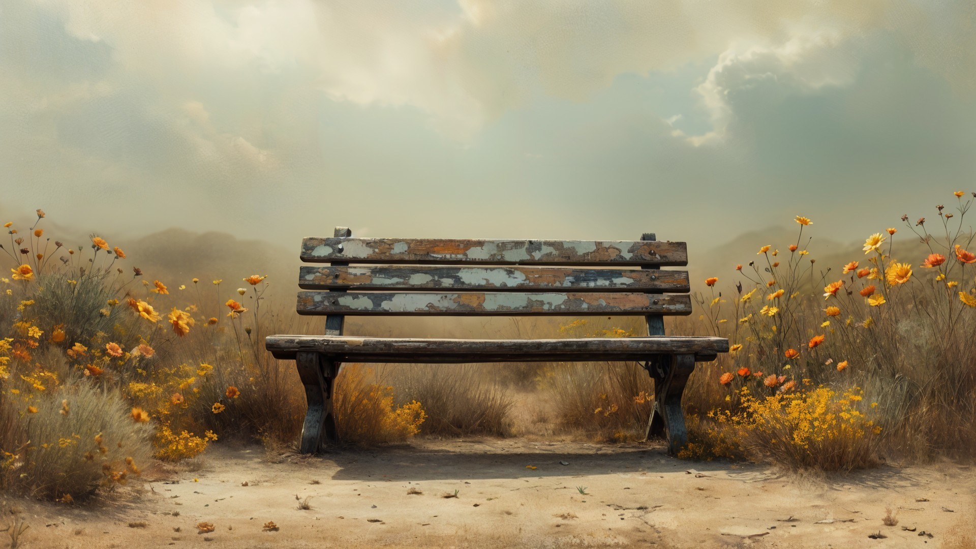 Weathered Wooden Bench Surrounded by Wildflowers
