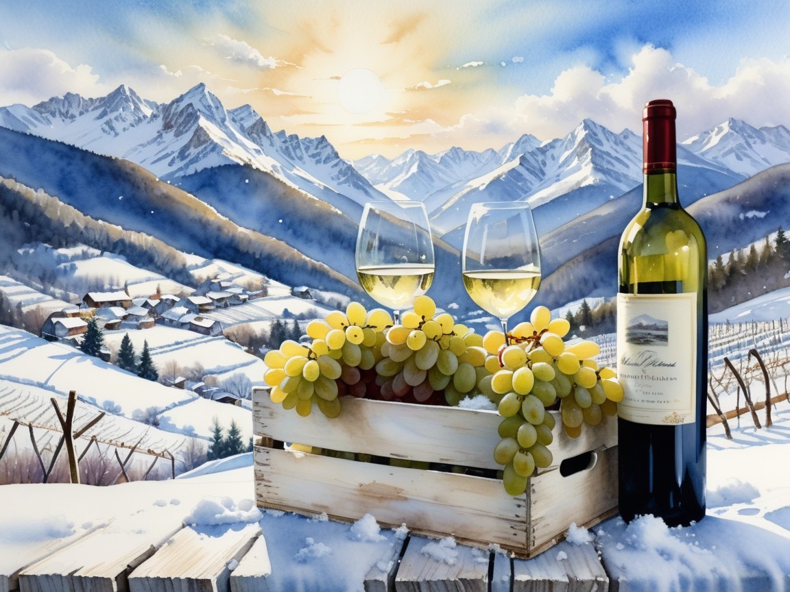 Winter Landscape with Mountains and Wine Setup