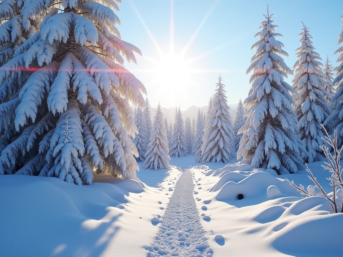 Snowy Winter Landscape with Sunlit Trees and Path