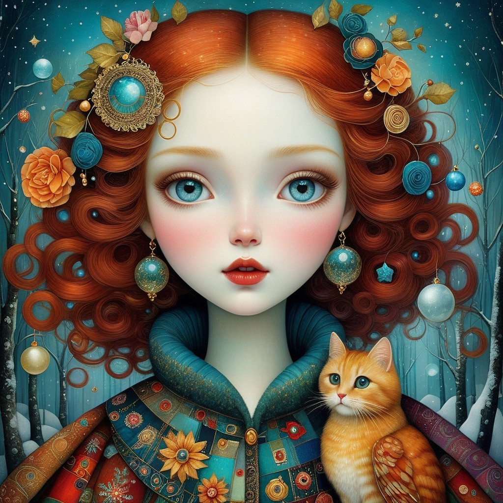 Whimsical Digital Painting of a Young Girl in Art Nouveau