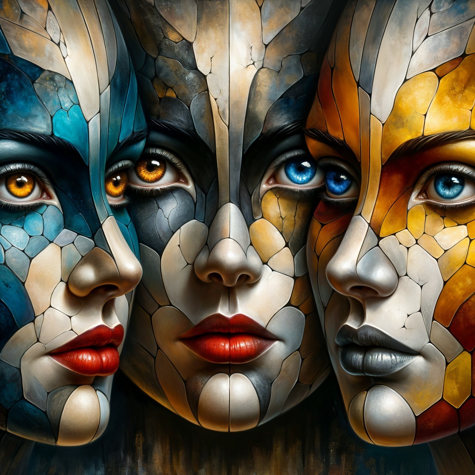 Three Stylized Faces with Vibrant Cracked Paint
