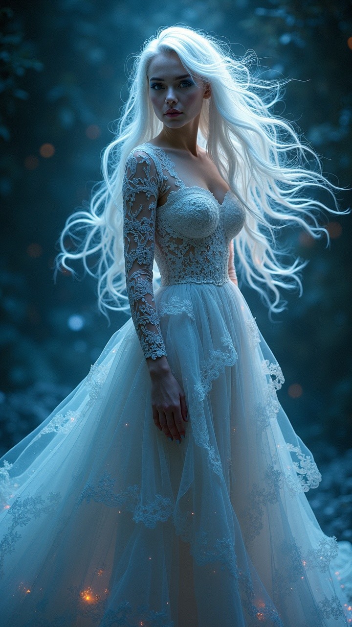 Young woman in mystical forest with ethereal light