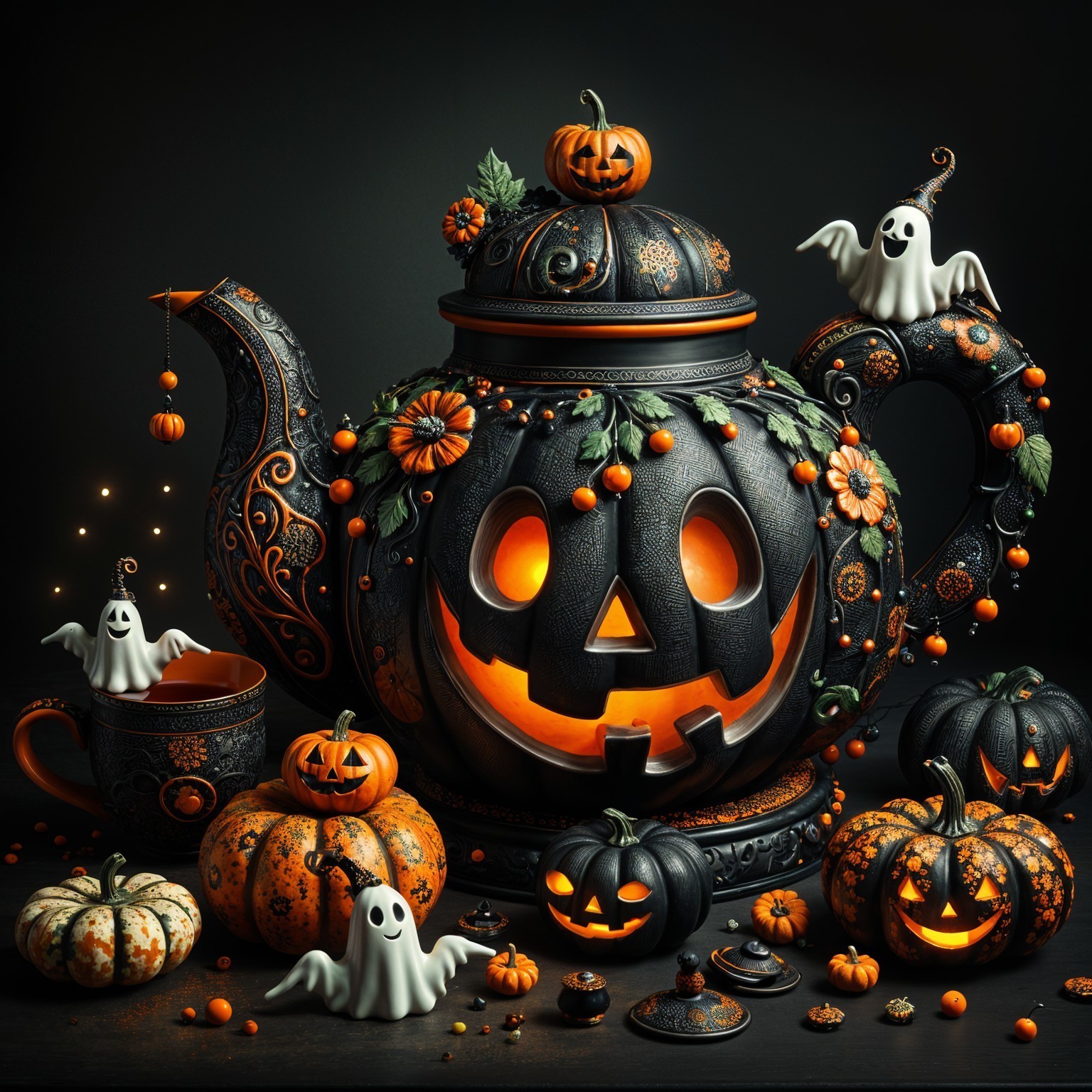 Whimsical Halloween Teapot with Pumpkin and Ghost Designs