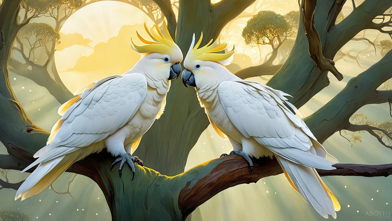 Elegant cockatoos on a tree branch in sunlight
