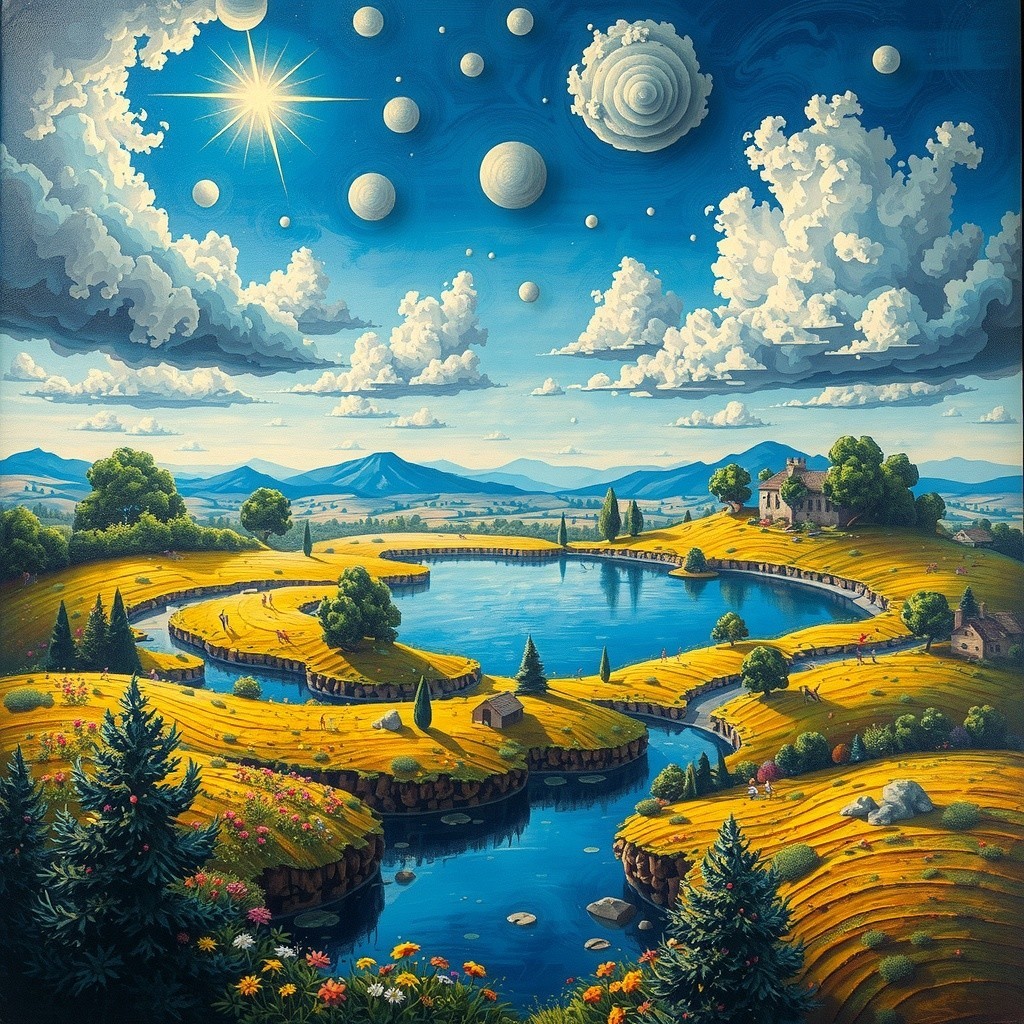 Serene Landscape with Winding River and Vibrant Fields