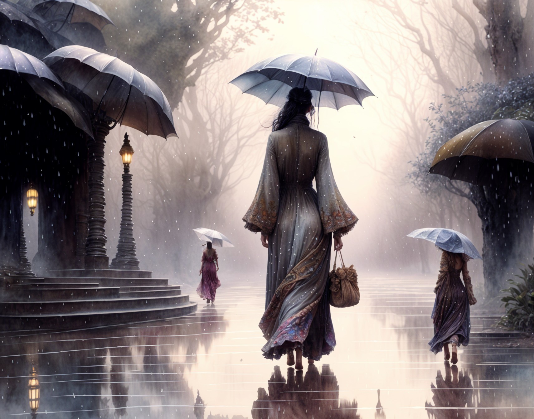 Rainy Landscape with Woman and Girls Under Umbrella
