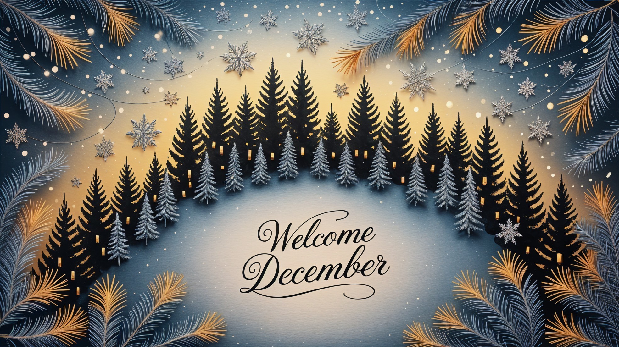 Winter Scene with Evergreen Trees and Gradient Sky