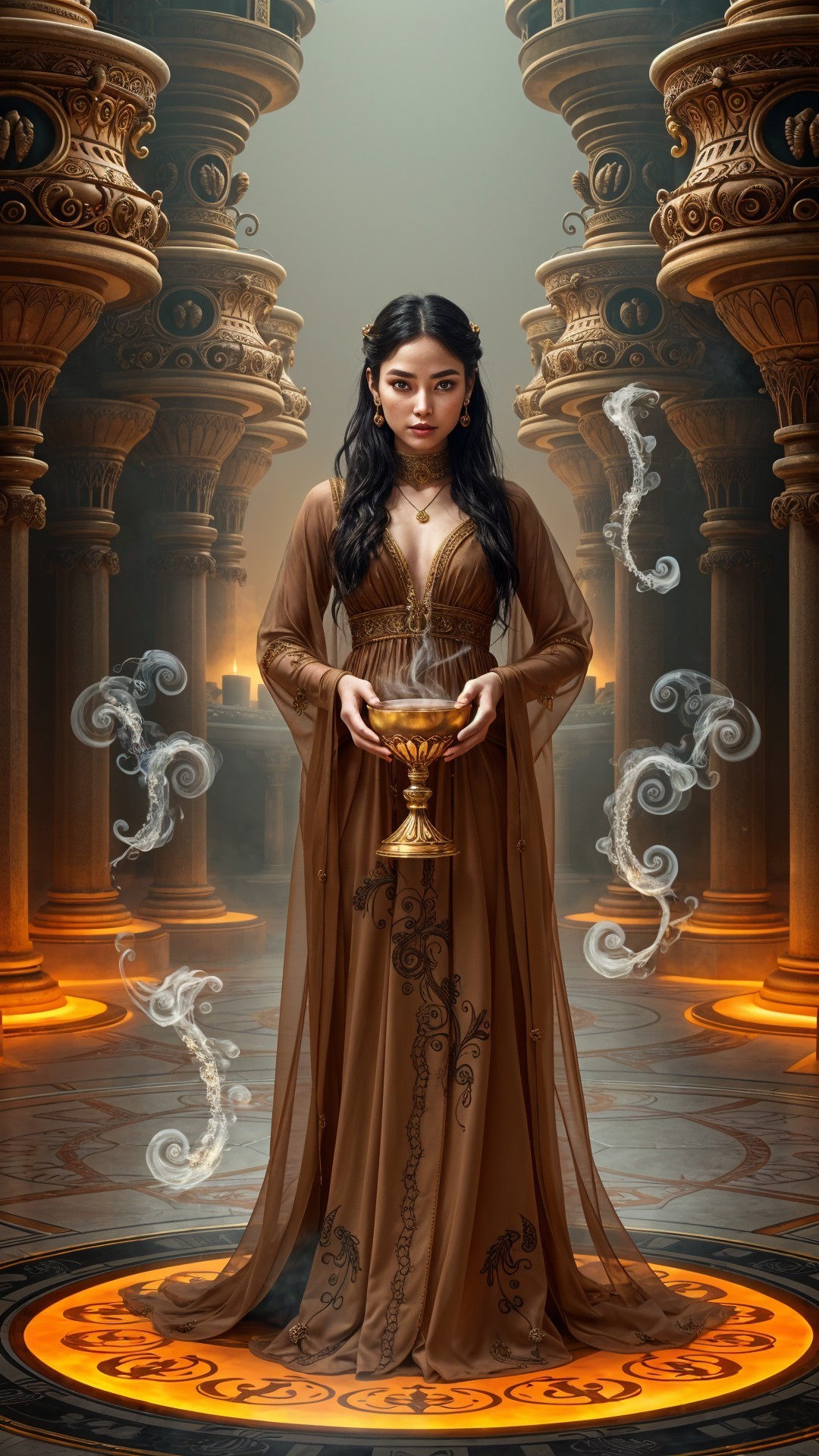 Mysterious Figure in Ornate Temple with Golden Chalice