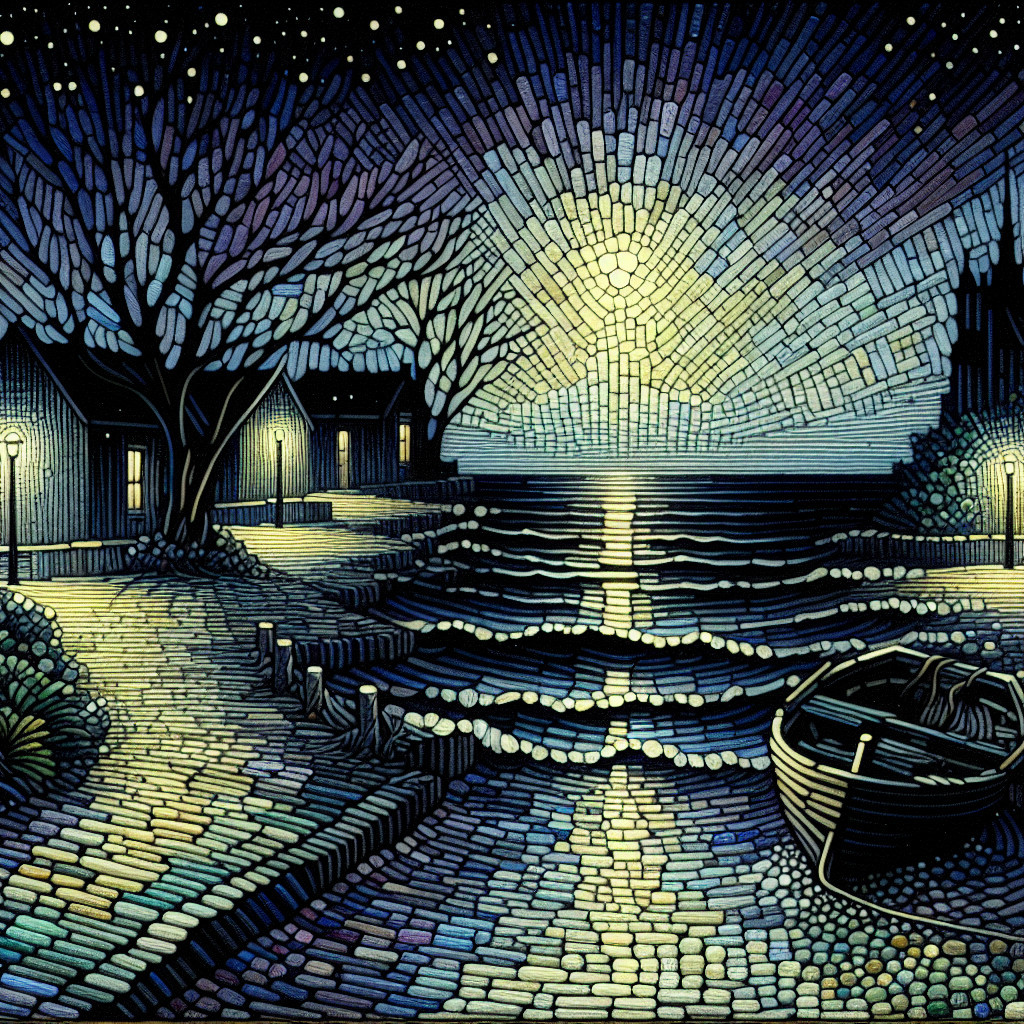 Nighttime Dockside Scene with Moonlit Reflection