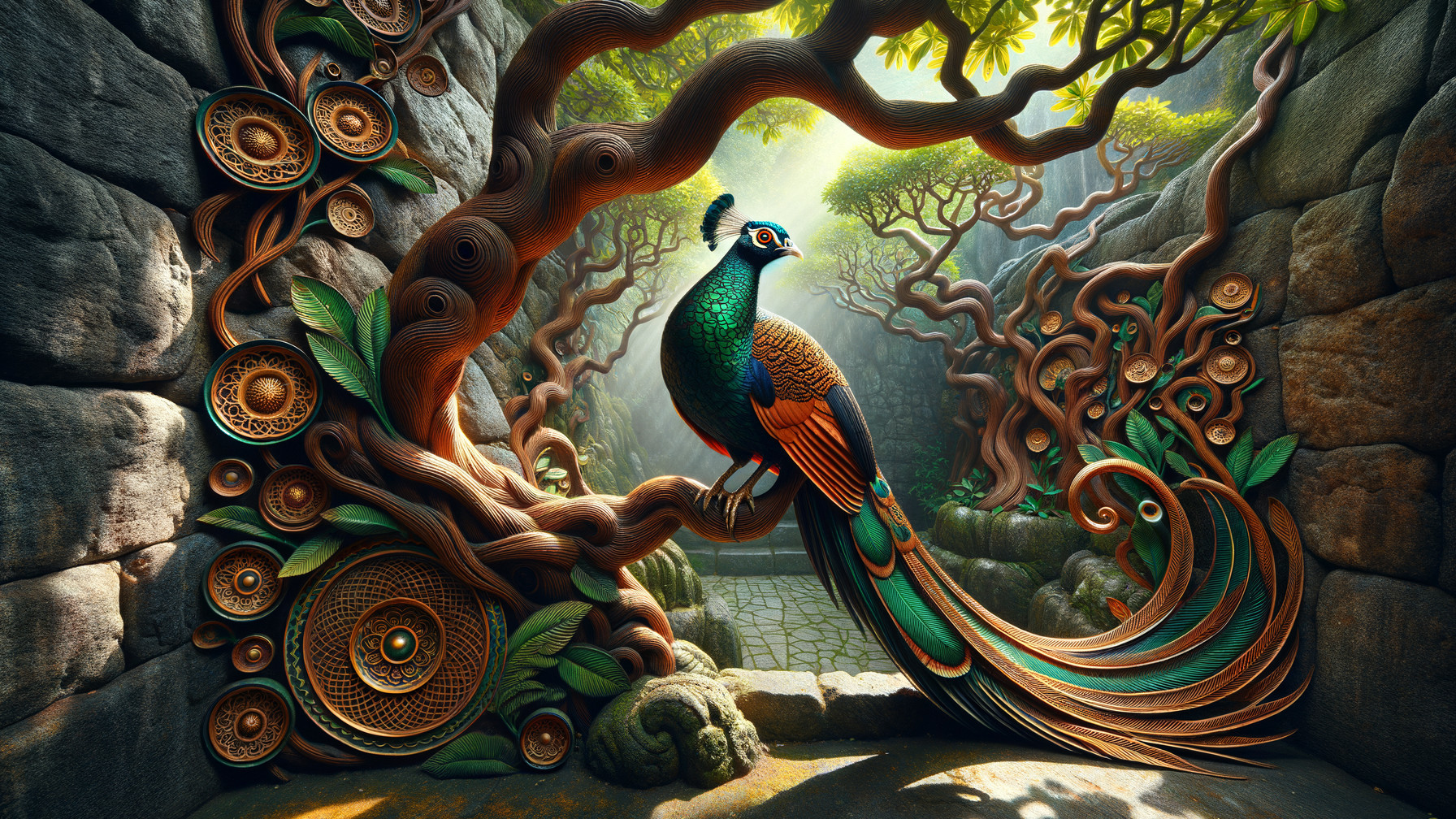 Vibrant Peacock in a Mystical Forest Setting