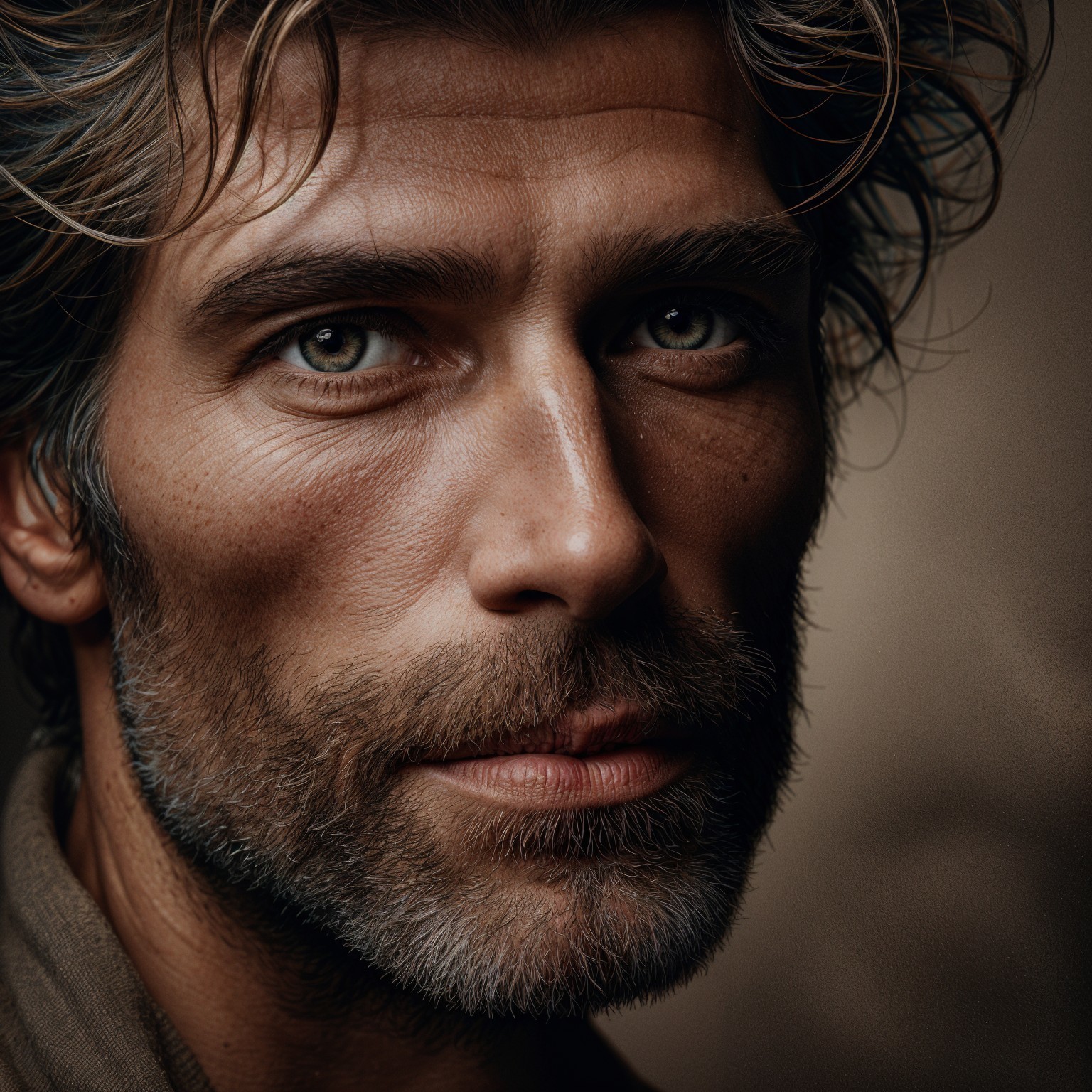 Rugged Man's Portrait with Green Eyes and Defined Features