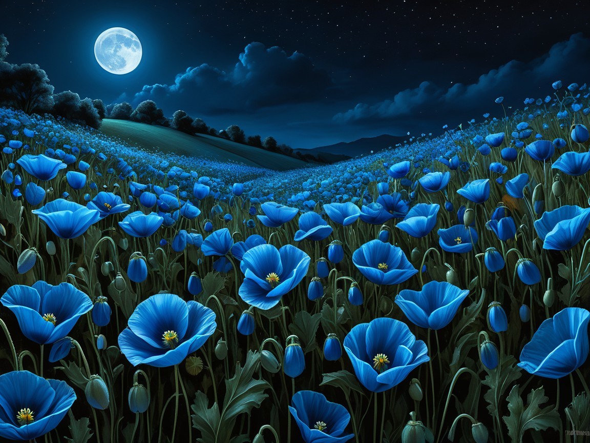 Vibrant Blue Flower Field Under a Full Moon