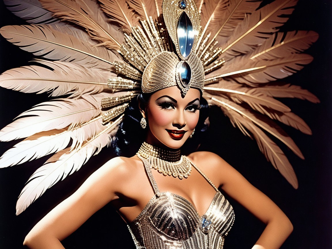 Glamorous Performer in Gold Costume and Feathered Headdress