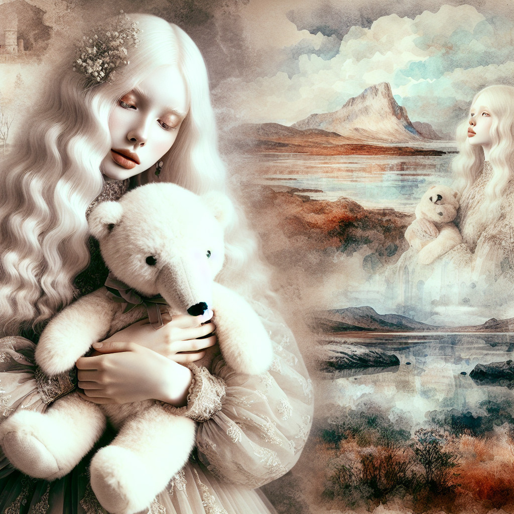 Young girl in vintage dress with teddy bear in serene landscape