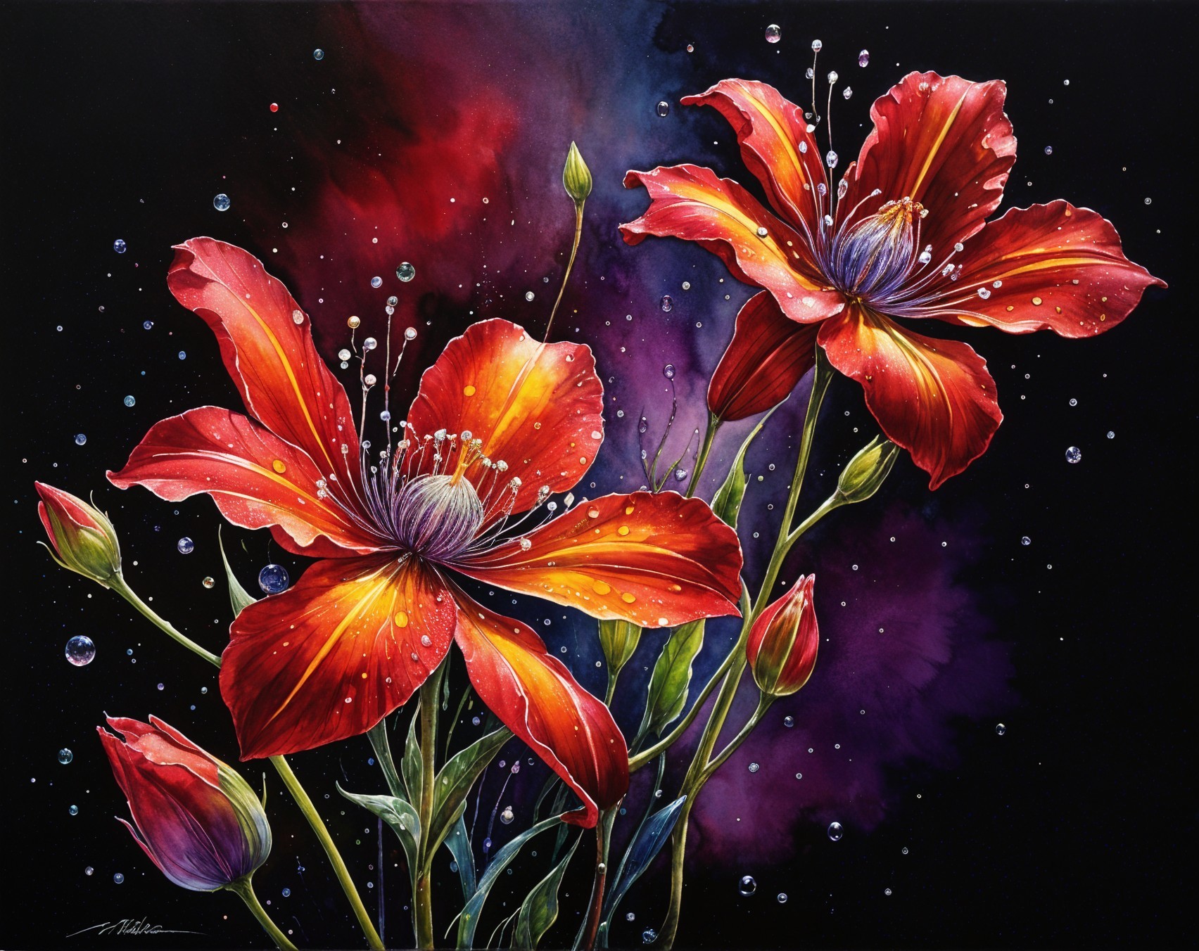 Vibrant Red and Orange Flowers on Dark Background