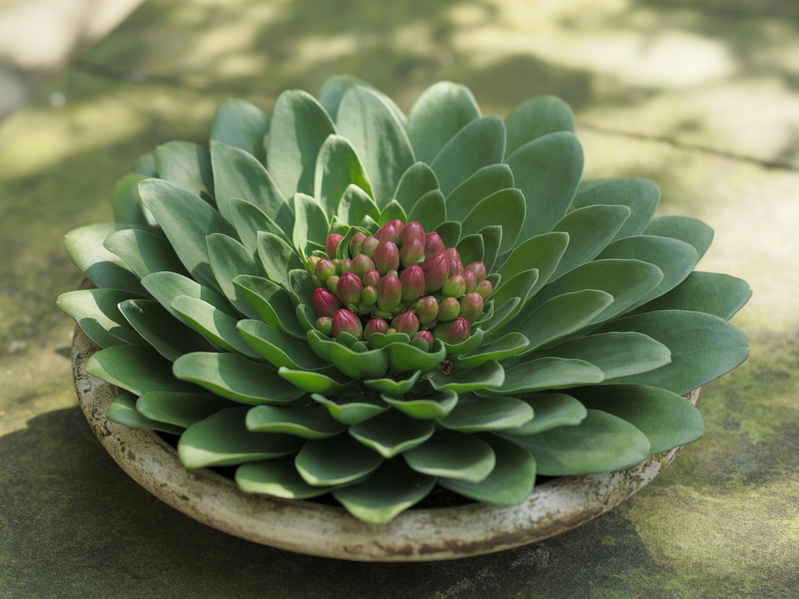 Lush Green Succulent in Rustic Shallow Pot