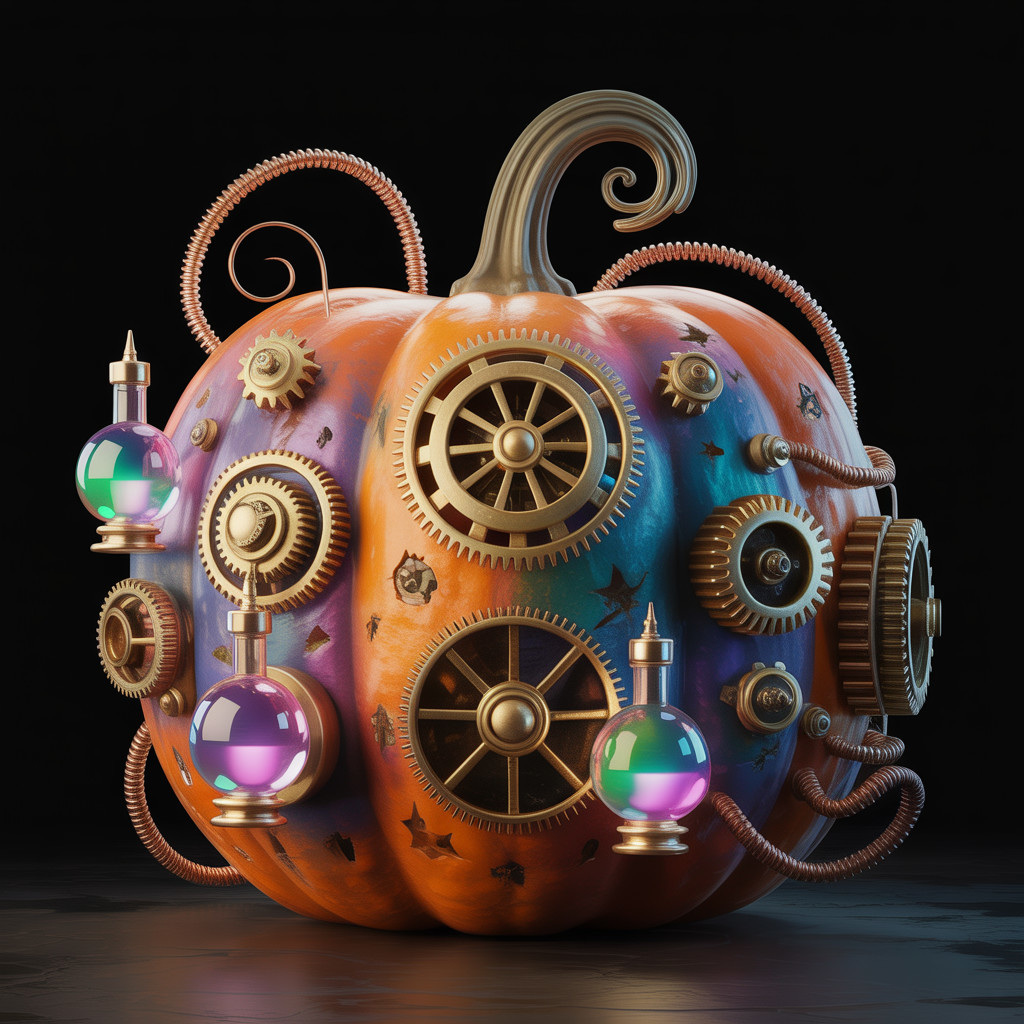 Whimsical Steampunk Pumpkin with Gears and Potions