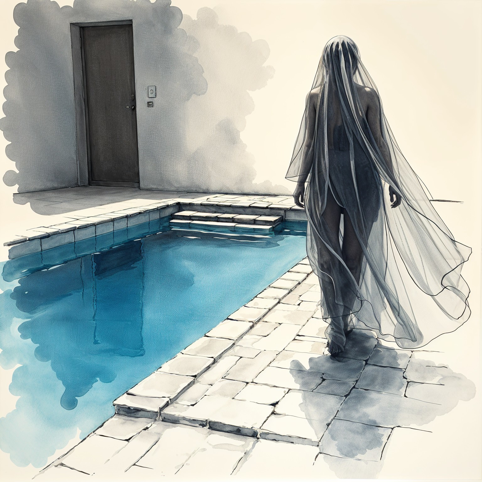 Translucent Veil Figure by Azure Pool in Minimalist Space