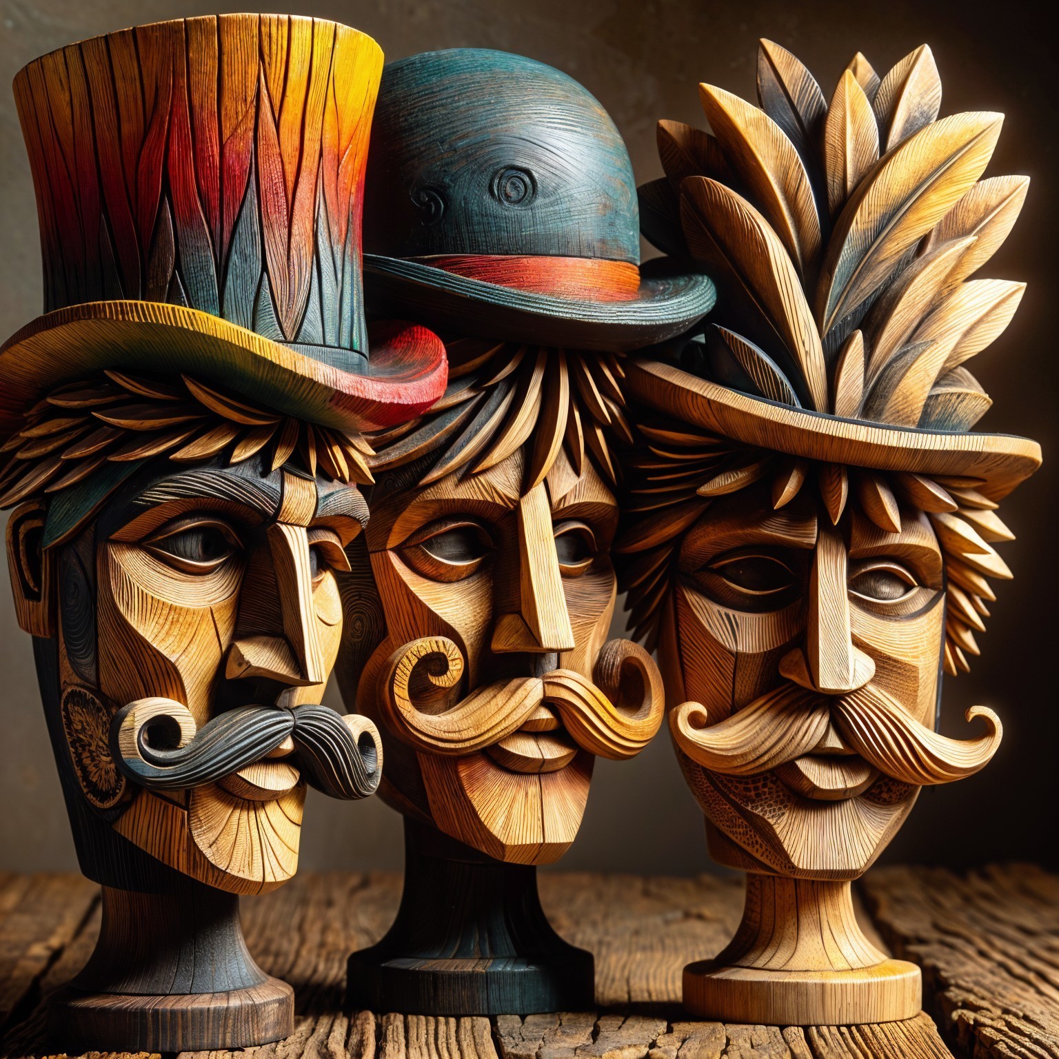 Intricately Carved Wooden Busts with Unique Features