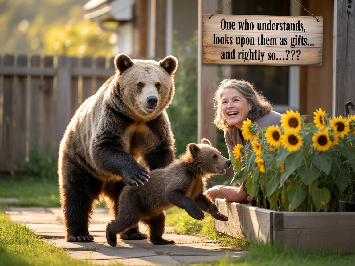 Joyful interaction between a woman and bear cubs
