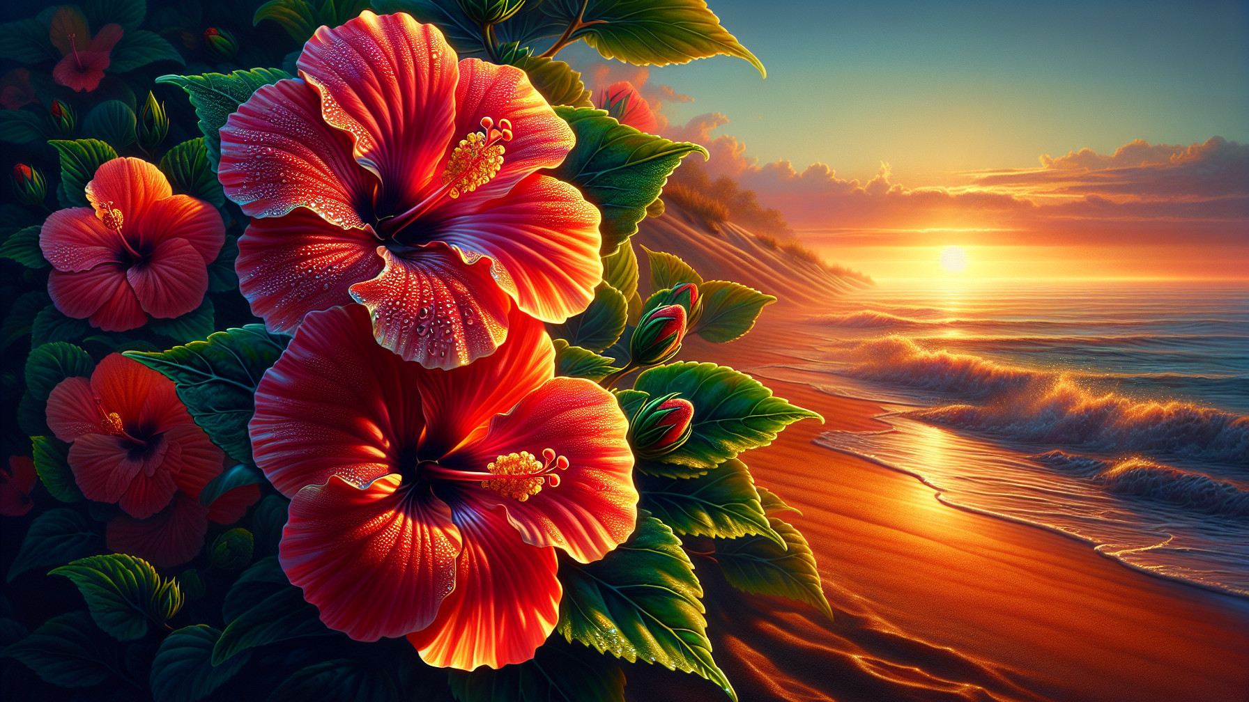 Vibrant Red Hibiscus Flowers at Serene Beach Sunset