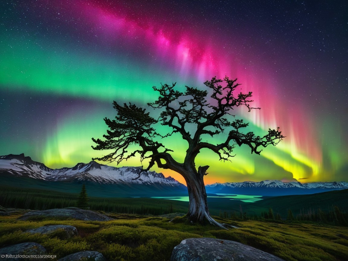Lone Tree Under Vibrant Northern Lights Display