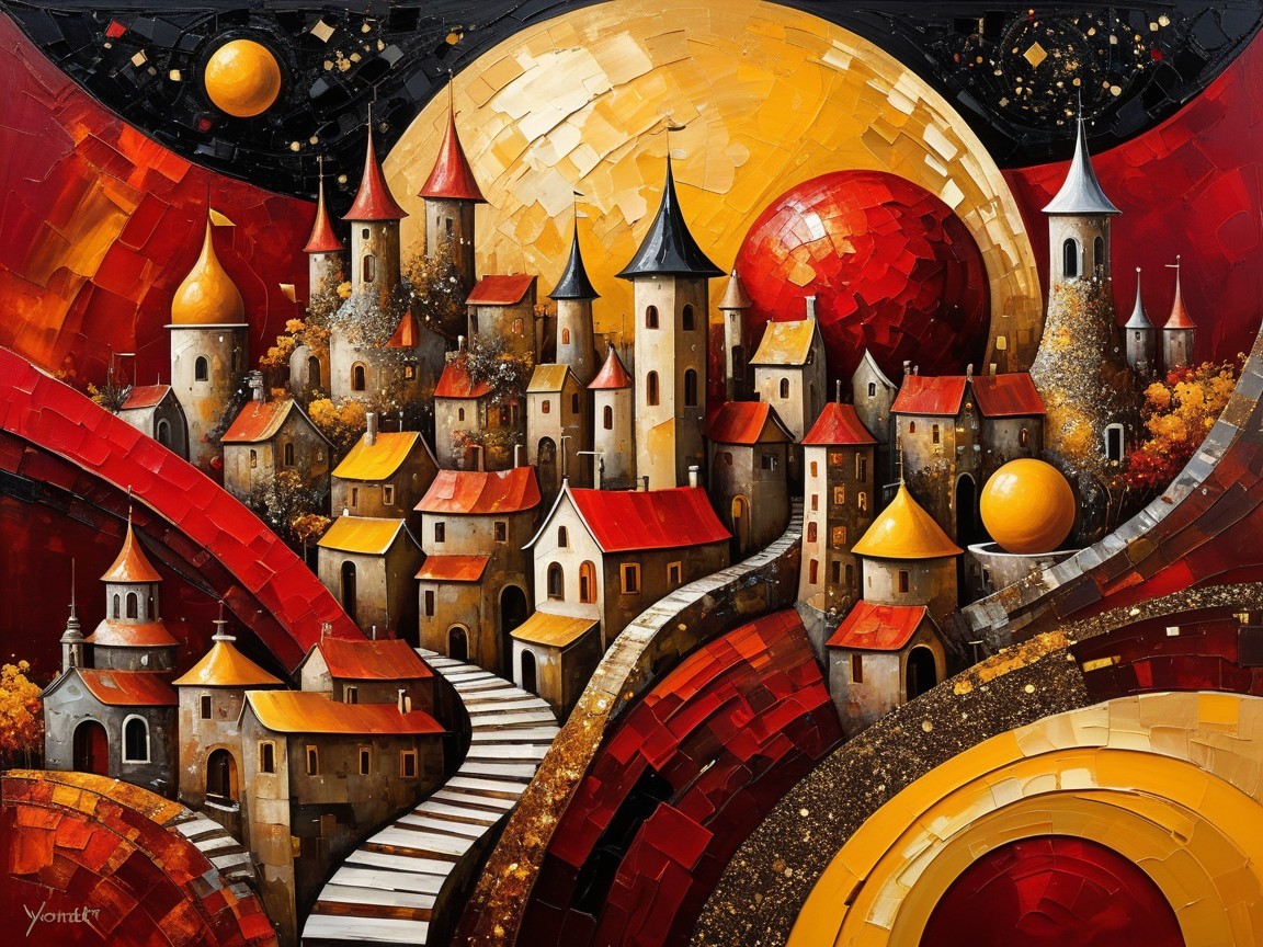 Vibrant Abstract Landscape with Whimsical Village