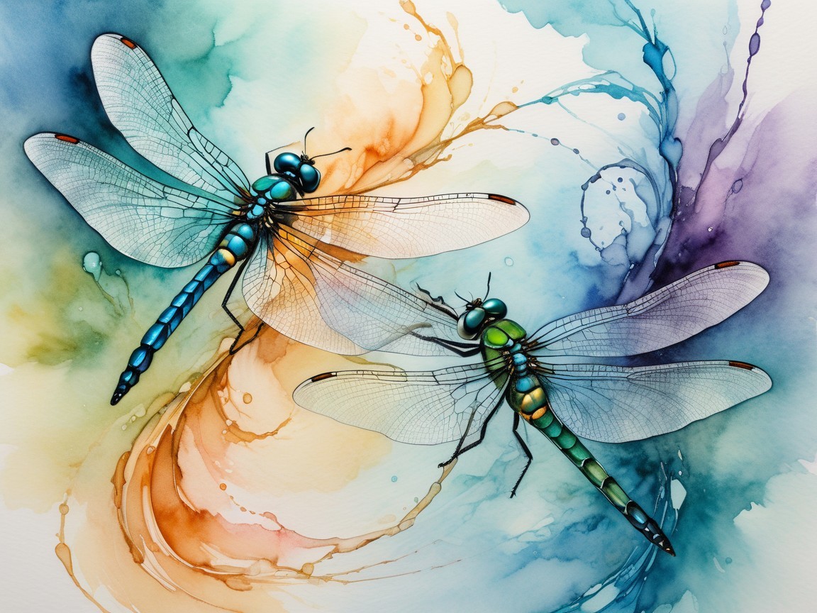 Dragonflies with vibrant bodies against a watercolor backdrop