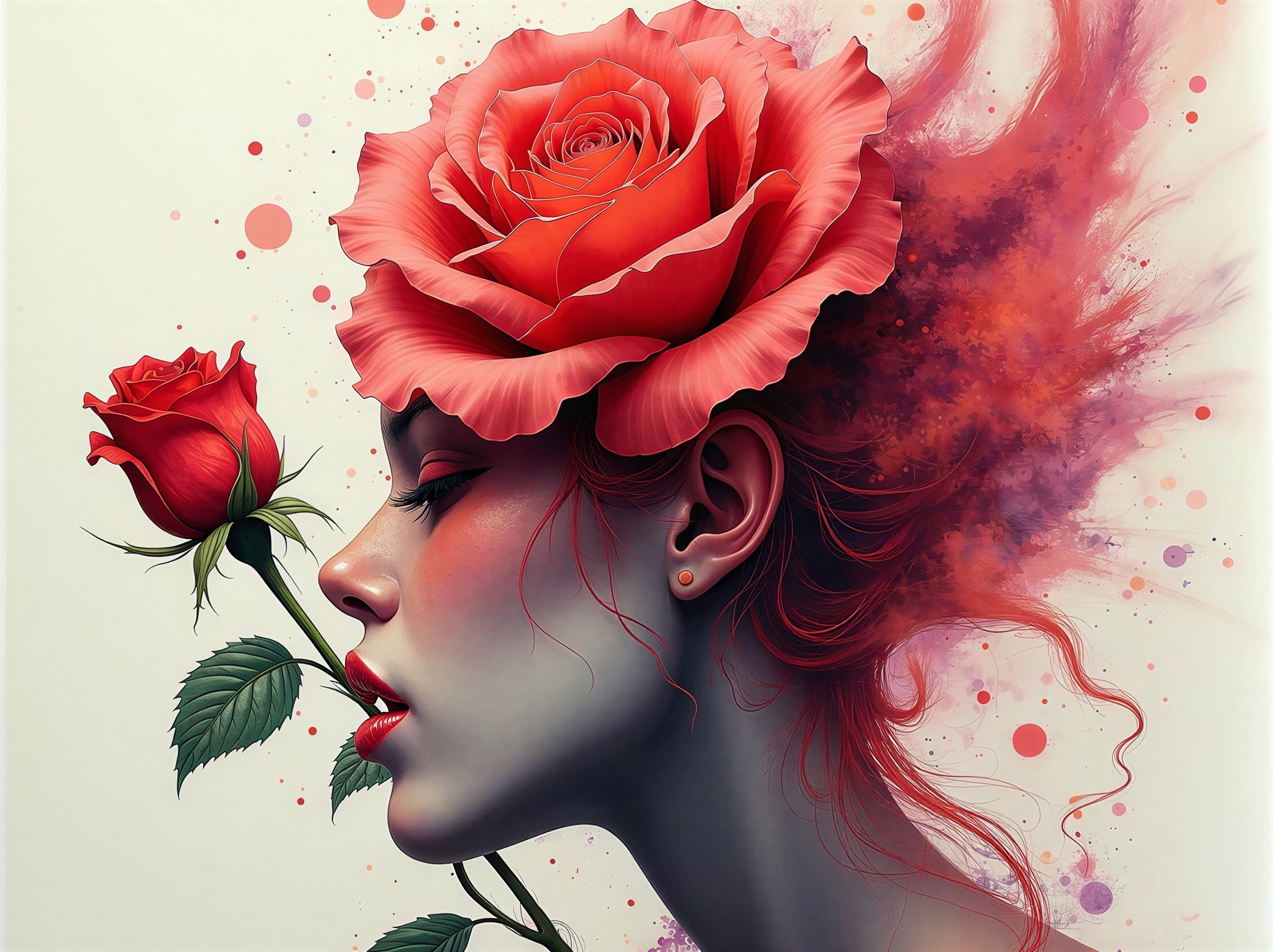 Side-profile portrait of a woman with roses and vibrant hair