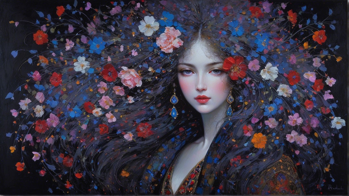 Portrait of a Woman Surrounded by Colorful Flowers