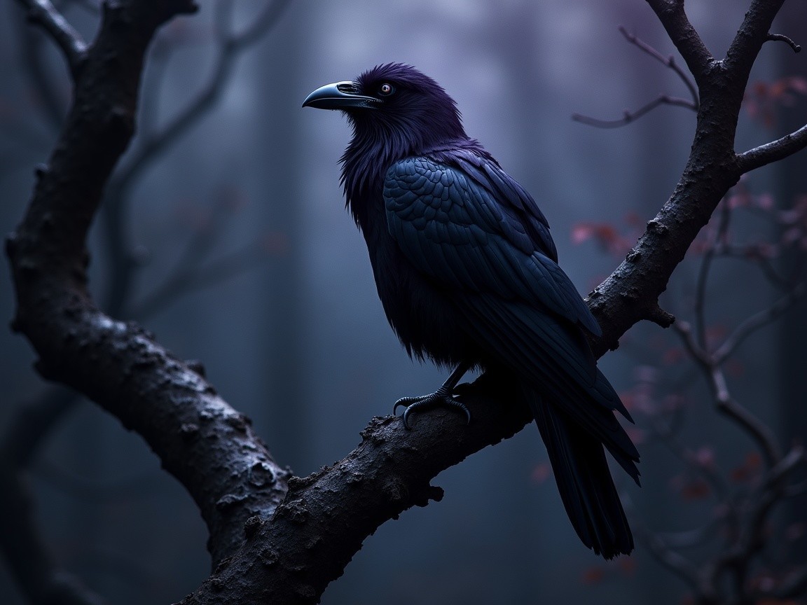 Majestic Raven on Twisted Branch in Misty Forest