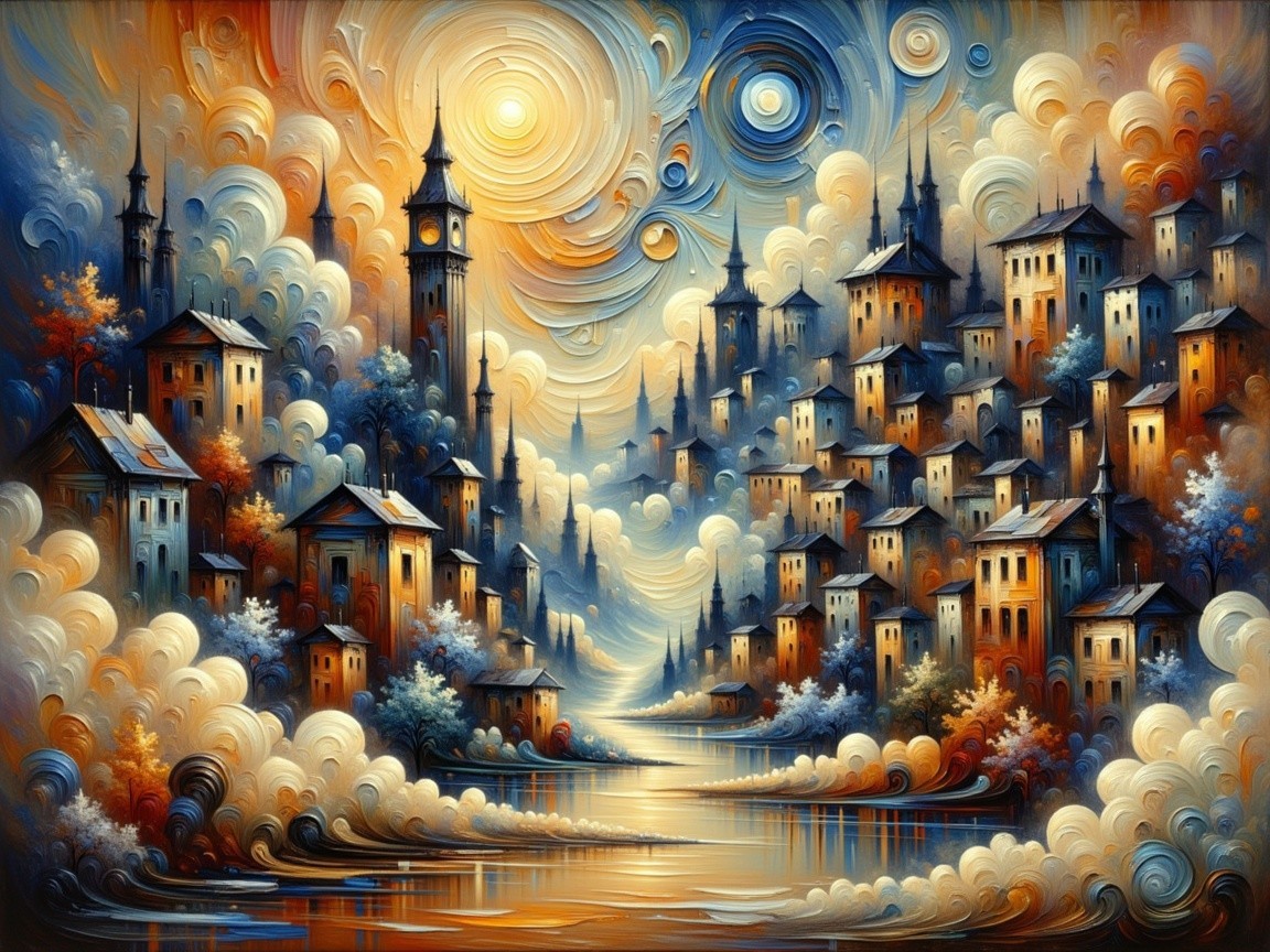 Dreamy Landscape with Surreal Cityscape and Clouds