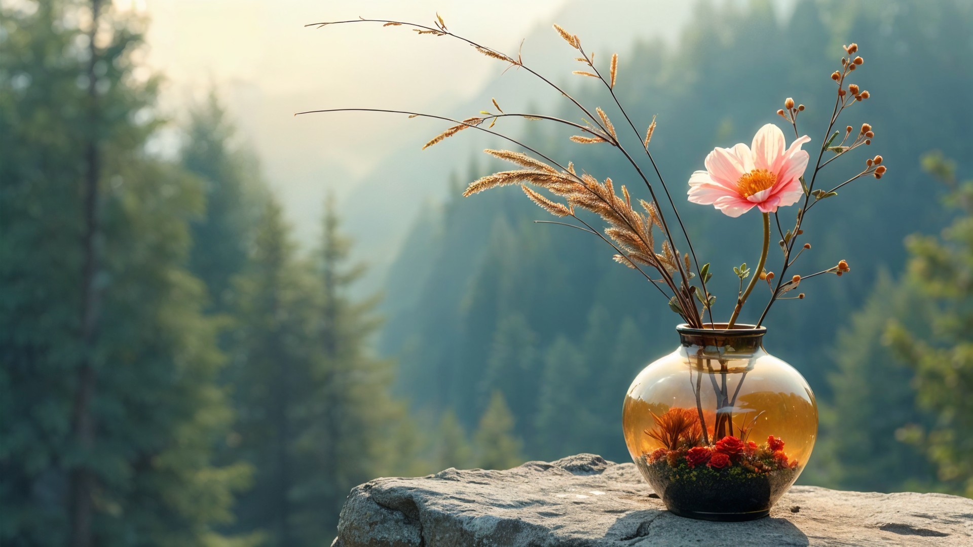 Glass Vase with Pink Flower in Misty Forest Setting