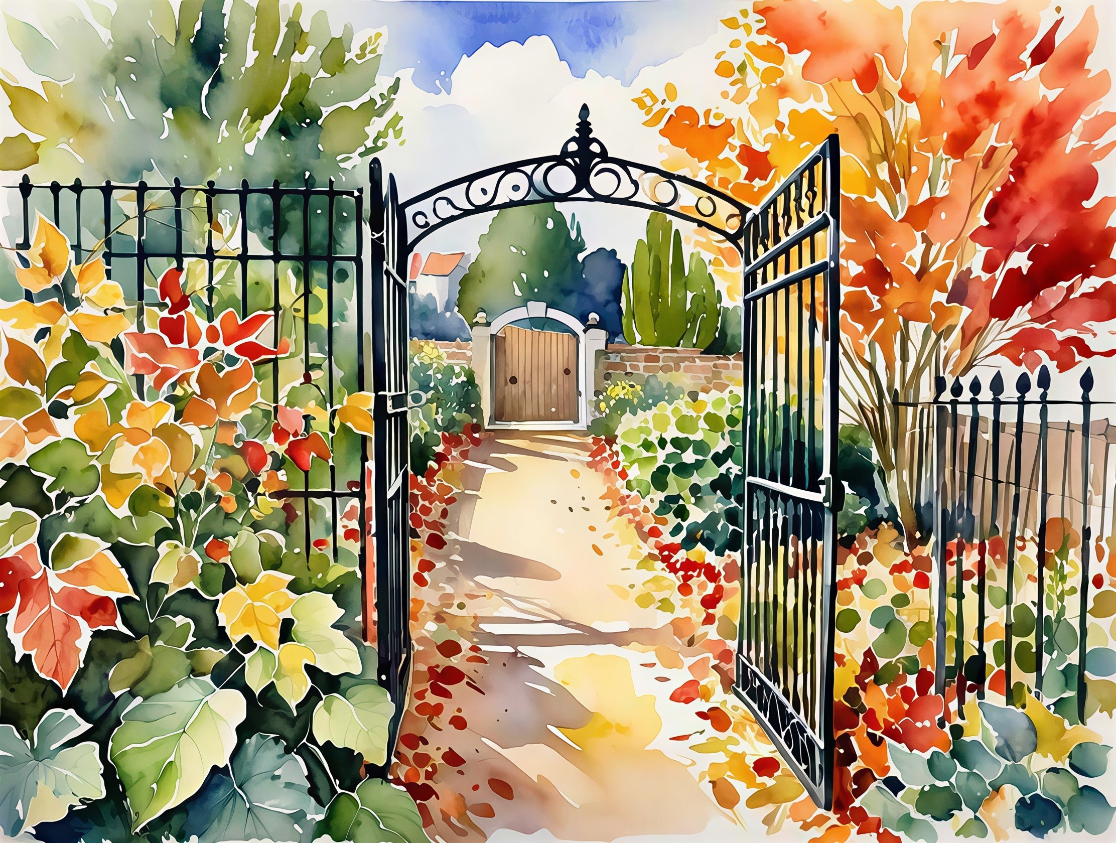 Watercolor Painting of Autumn Garden with Wrought Iron Gate