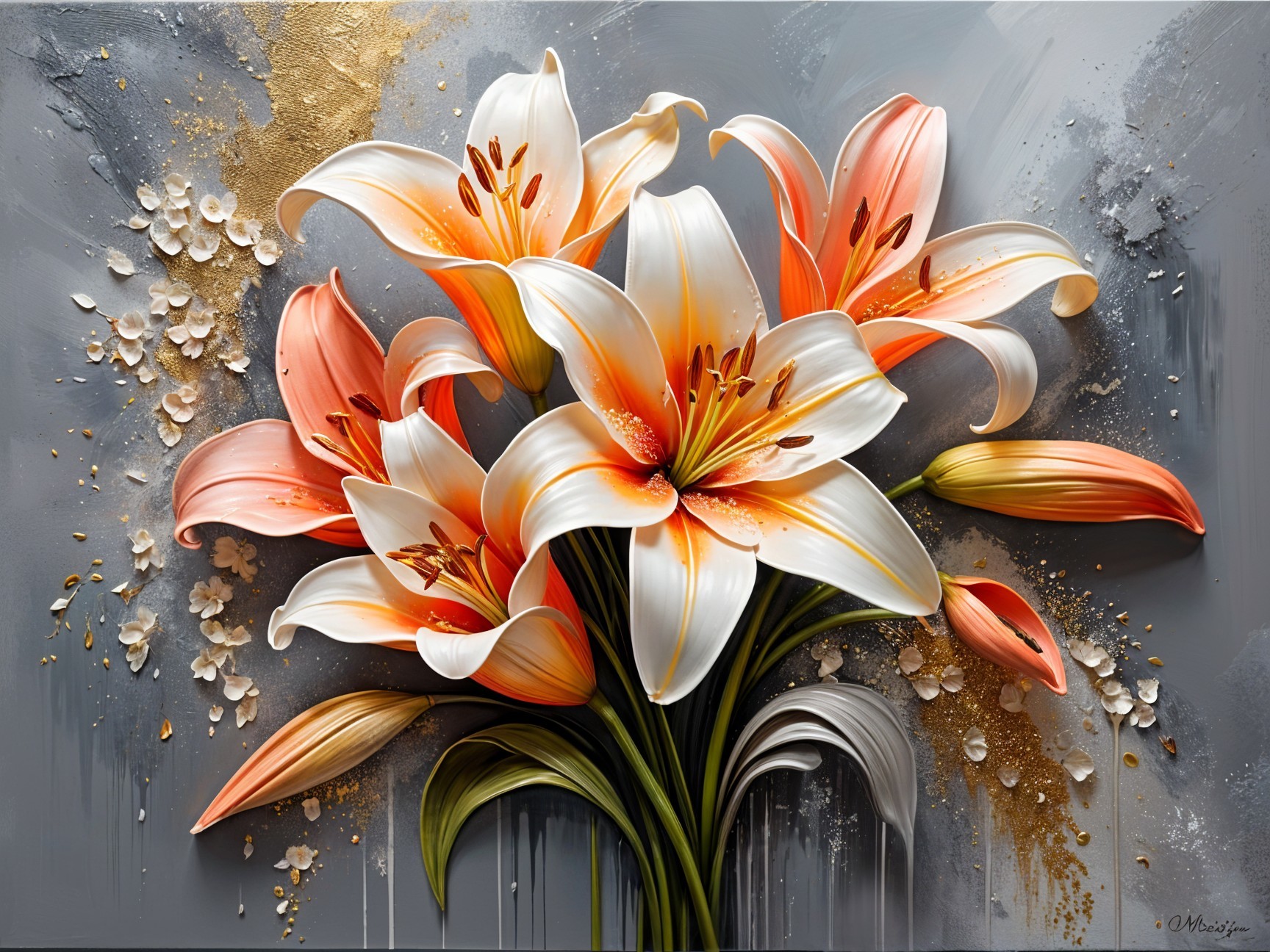 Vibrant bouquet of lilies on textured gray background